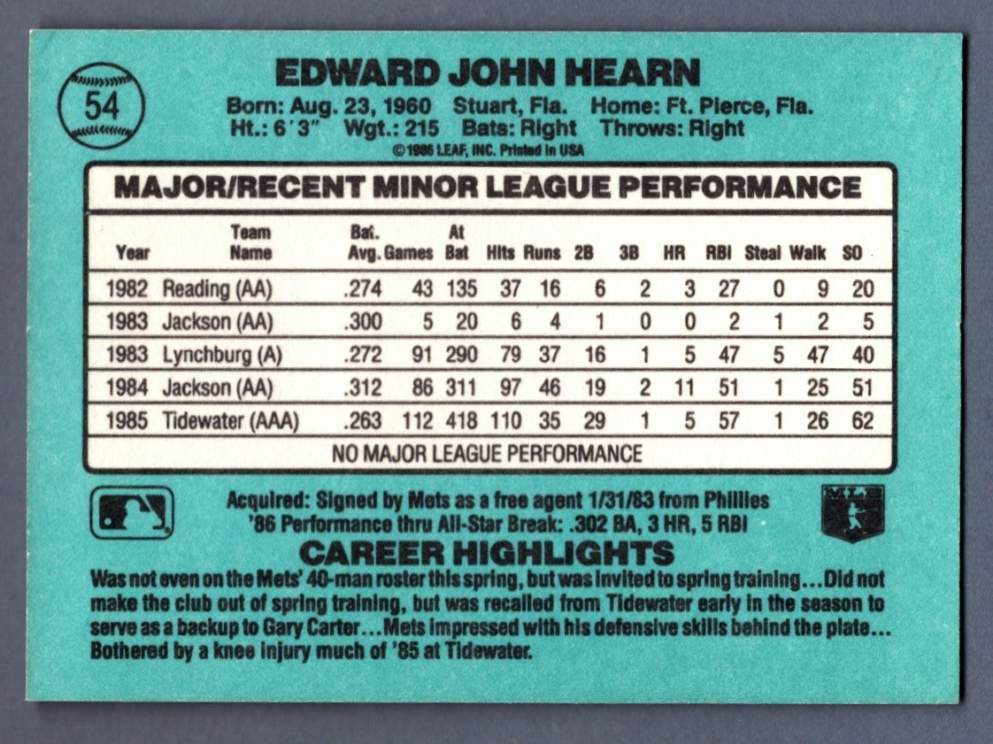 Ed Hearn Signed 1986 Donruss #54 Rookie RC w/ 86 WSC LSCM COA New York Mets