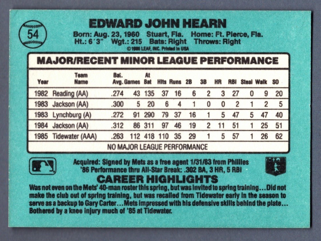 Ed Hearn Signed 1986 Donruss #54 Rookie RC w/ 86 WSC LSCM COA New York Mets