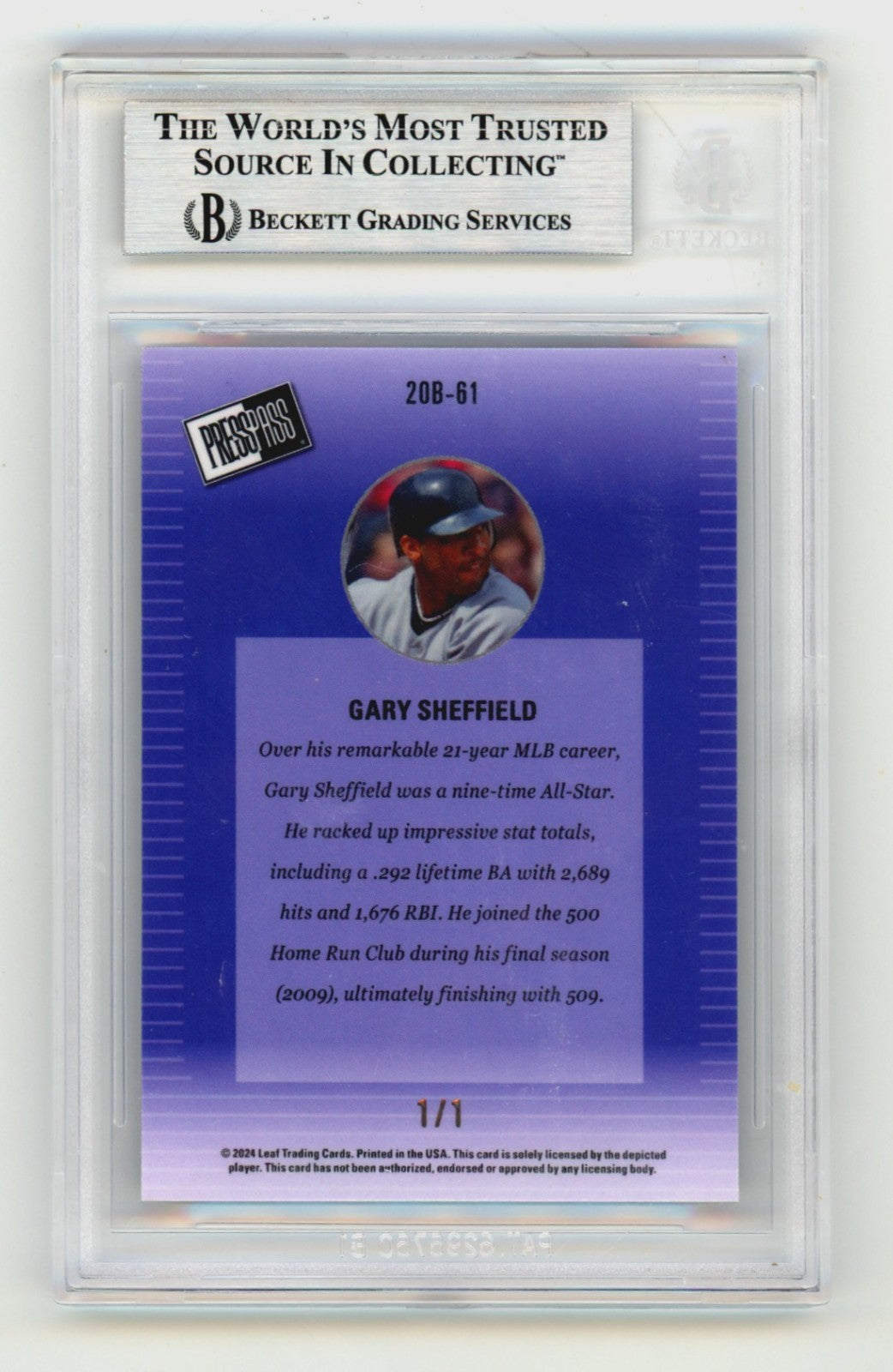 Gary Sheffield 2024 Leaf Press Pass Shimmer Light Blue Signed #1/1 BGS BAS Auto