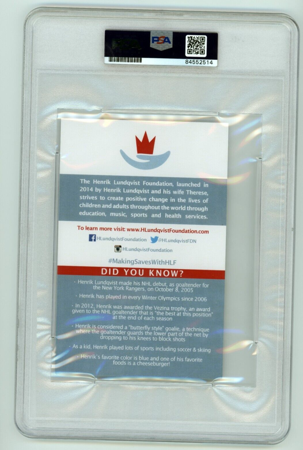 Henrik Lundqvist Signed Foundation Print PSA DNA Authentic Auto NY Rangers A