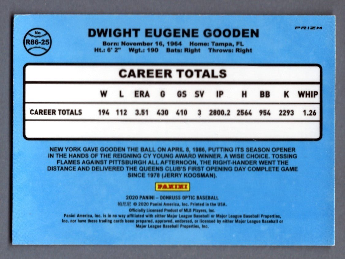 Dwight Doc Gooden Signed 2020 Donruss Optic Retro 86 Silver Holo R86-25 LSCM COA