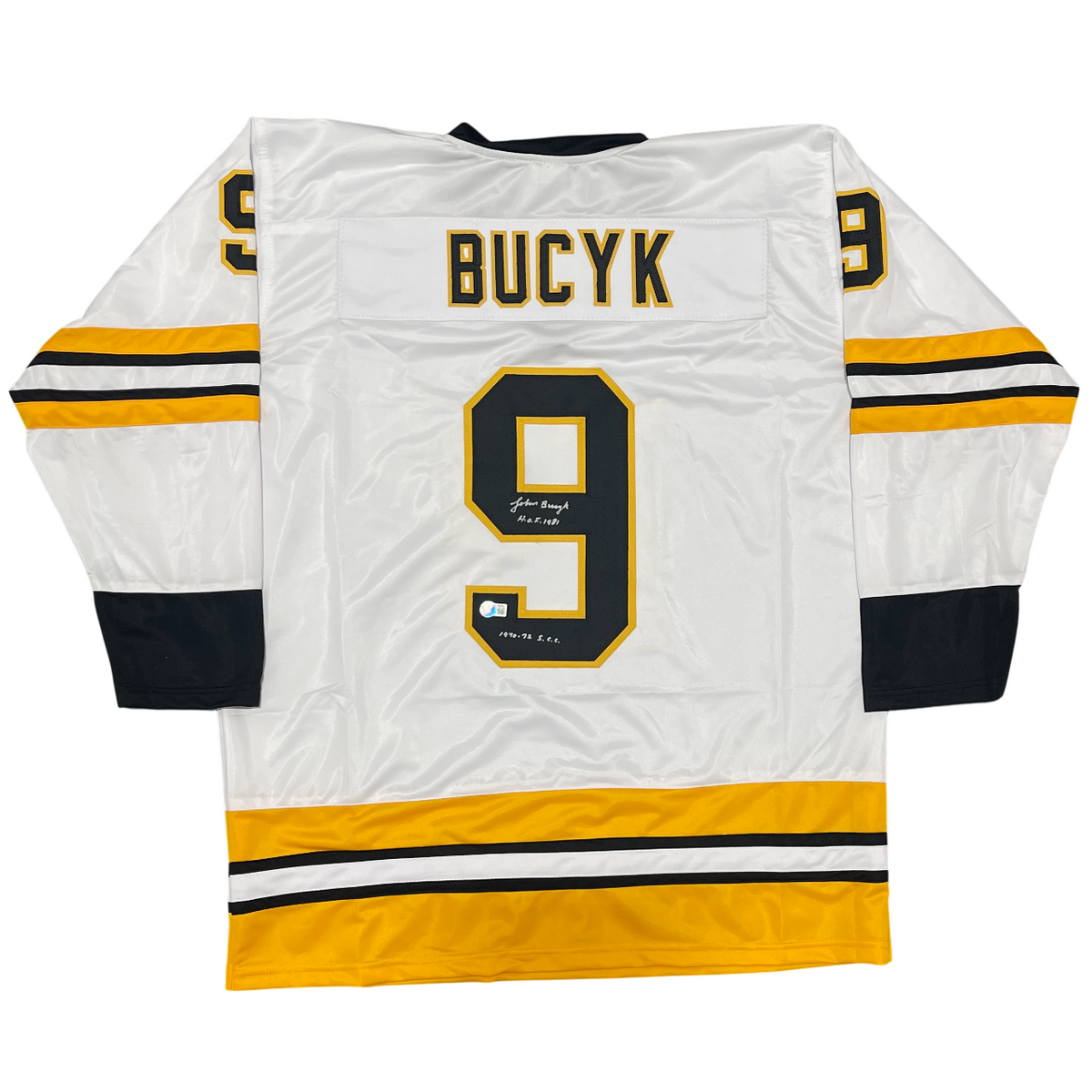 Johnny Bucyk Signed Bruins Custom Jersey HOF 1981 + SCC Beckett W BAS COA