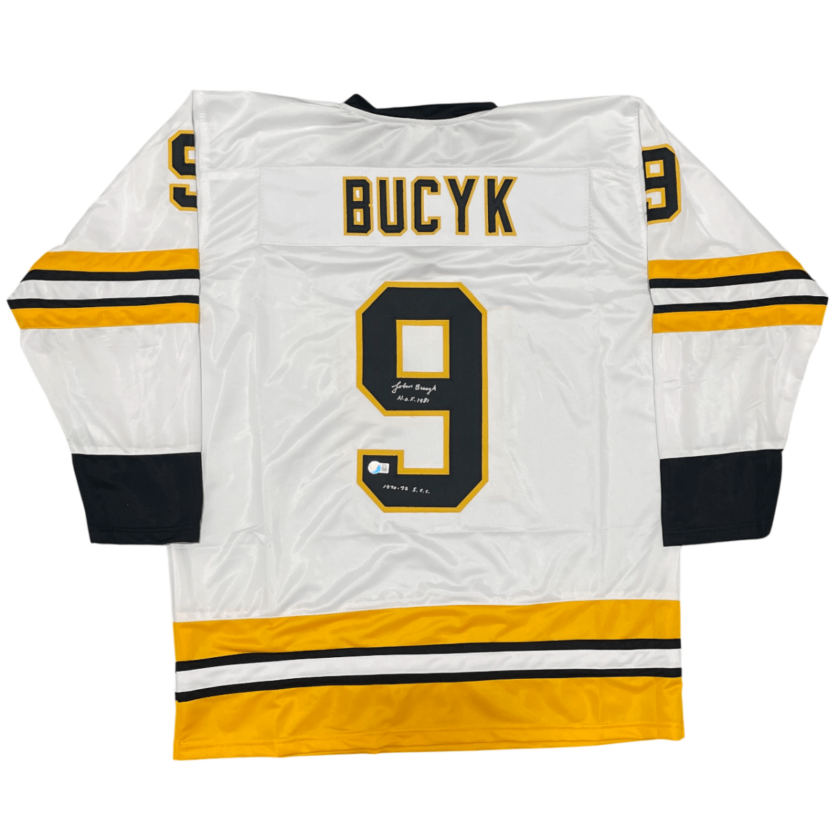 Johnny Bucyk Signed Bruins Custom Jersey HOF 1981 + SCC Beckett W BAS COA