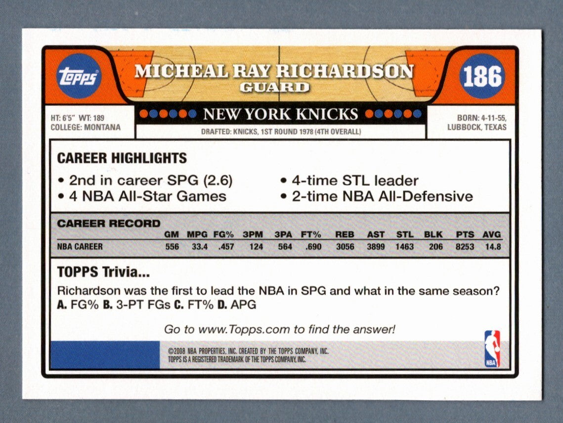 Micheal Ray Richardson Signed 2008-09 Topps Basketball 186 LSCM COA NY Knicks