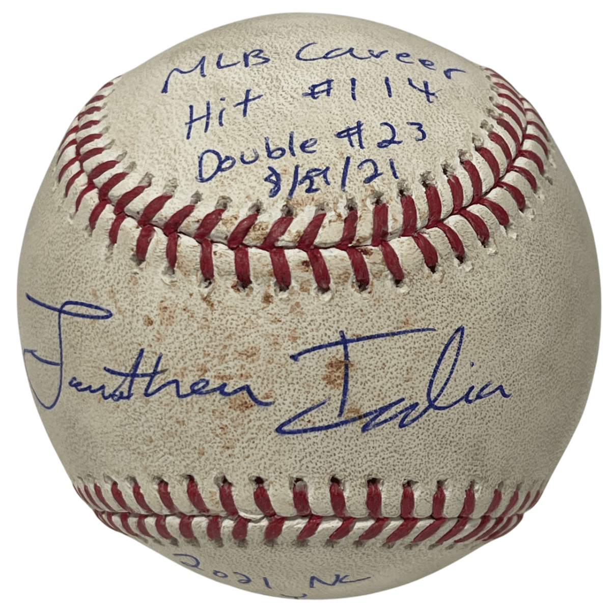 Jonathan India Signed 2021 Rookie Game Used Double Hit Baseball w/ Insc. PSA COA