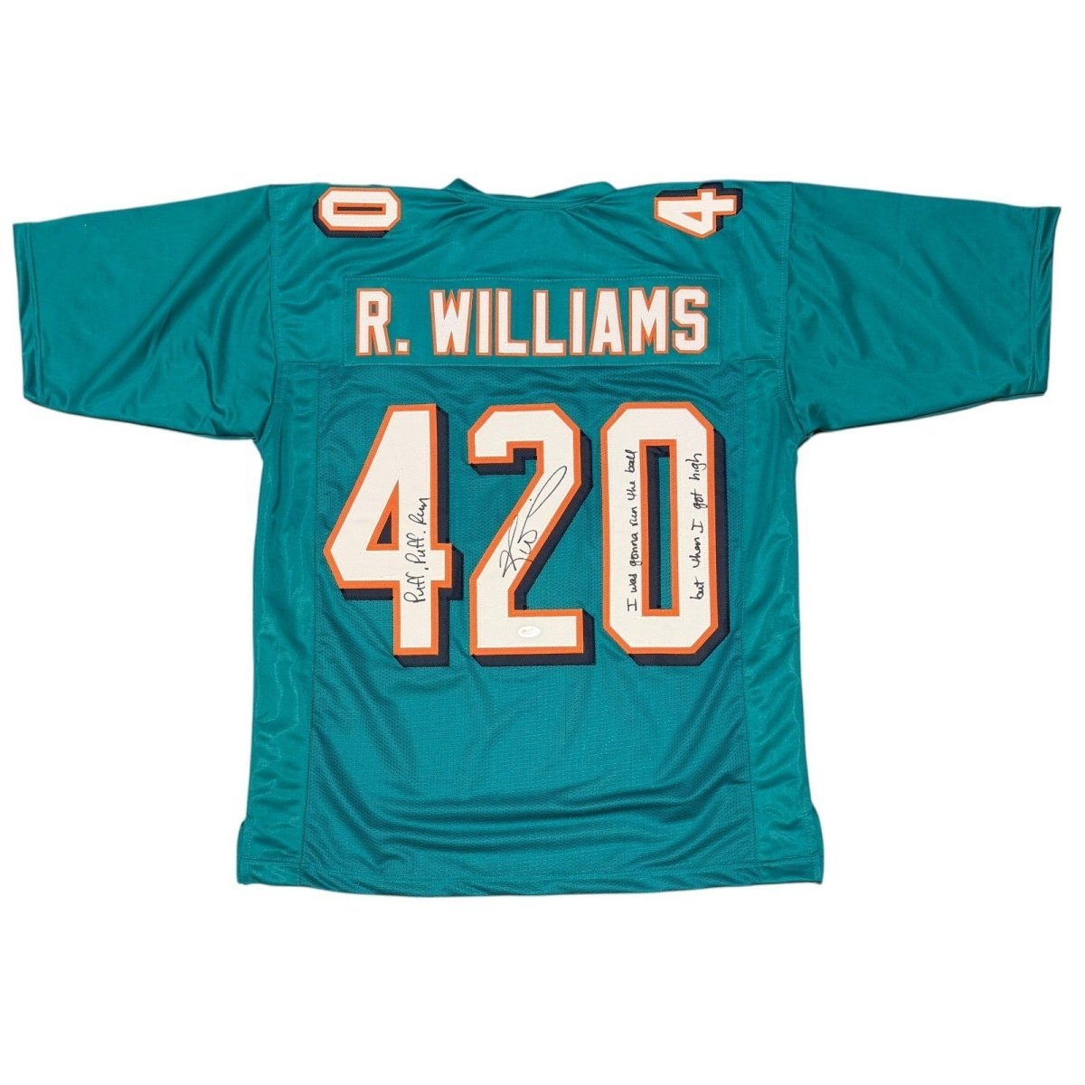 Ricky Williams Signed Dolphins 420 Custom Jersey w/ Weed Inscs JSA Witness COA