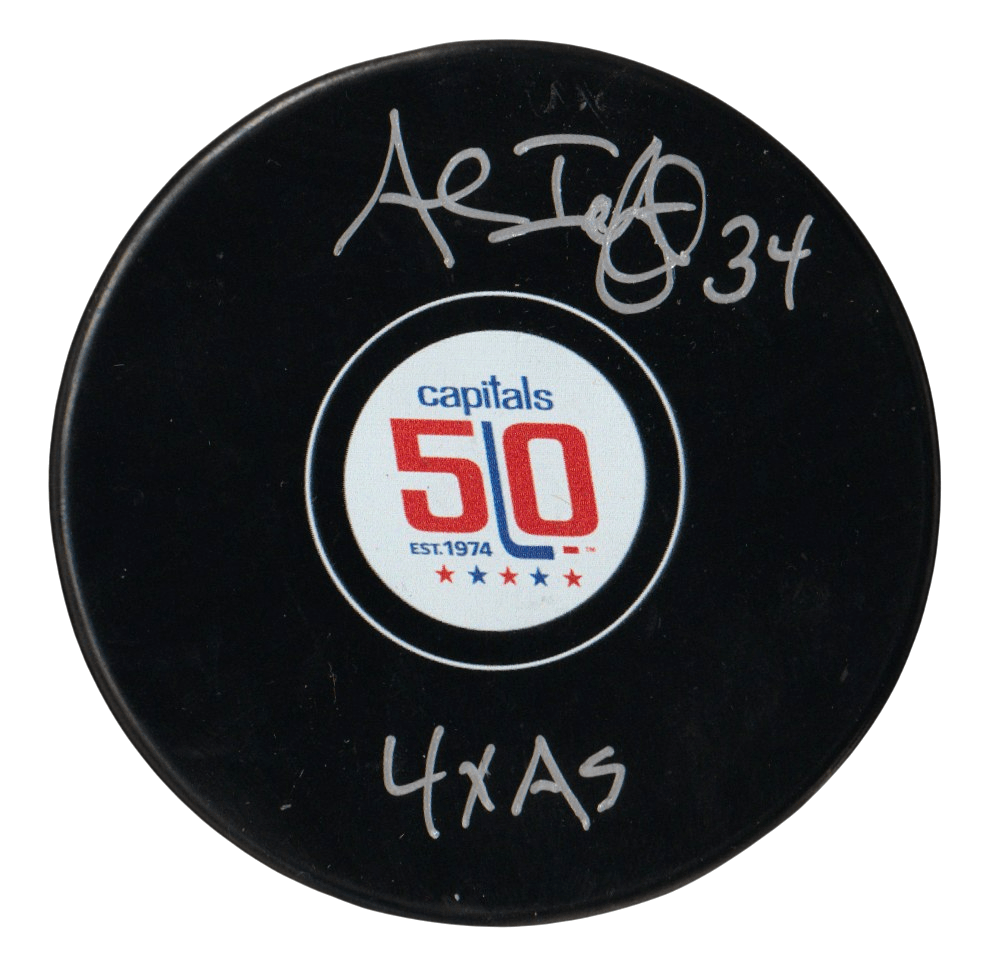 Al Iafrate Signed Capitals 50th Anniversary Puck w 4x AS Beckett Witness BAS COA