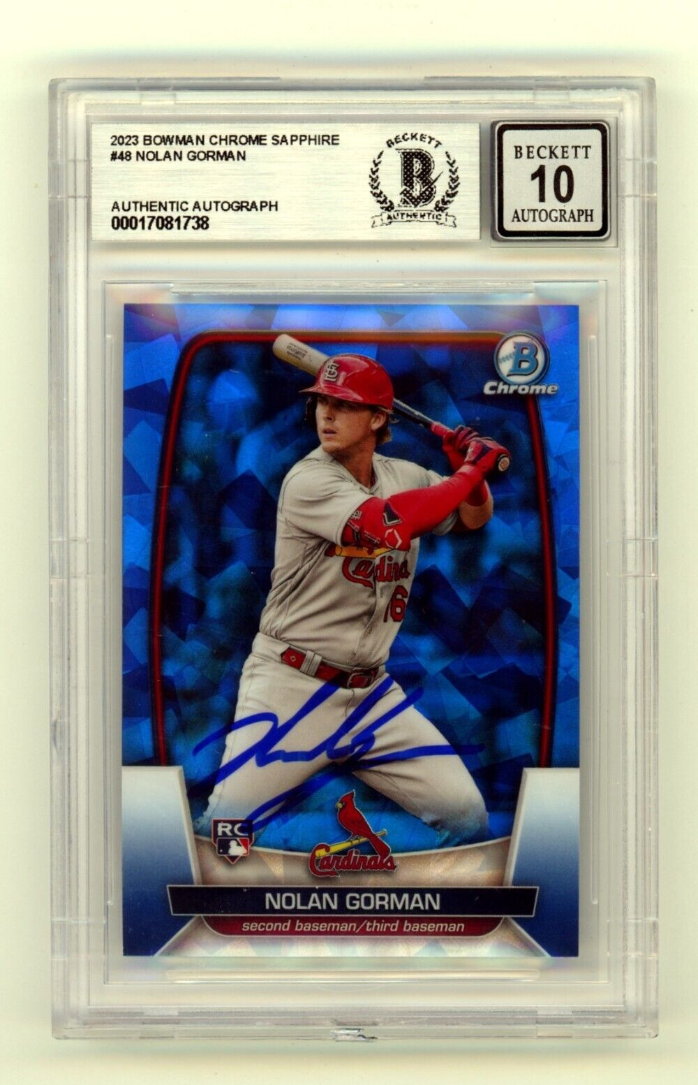 Nolan Gorman 2023 Bowman Chrome Sapphire #48 Rookie RC Signed BAS BGS 10 Auto
