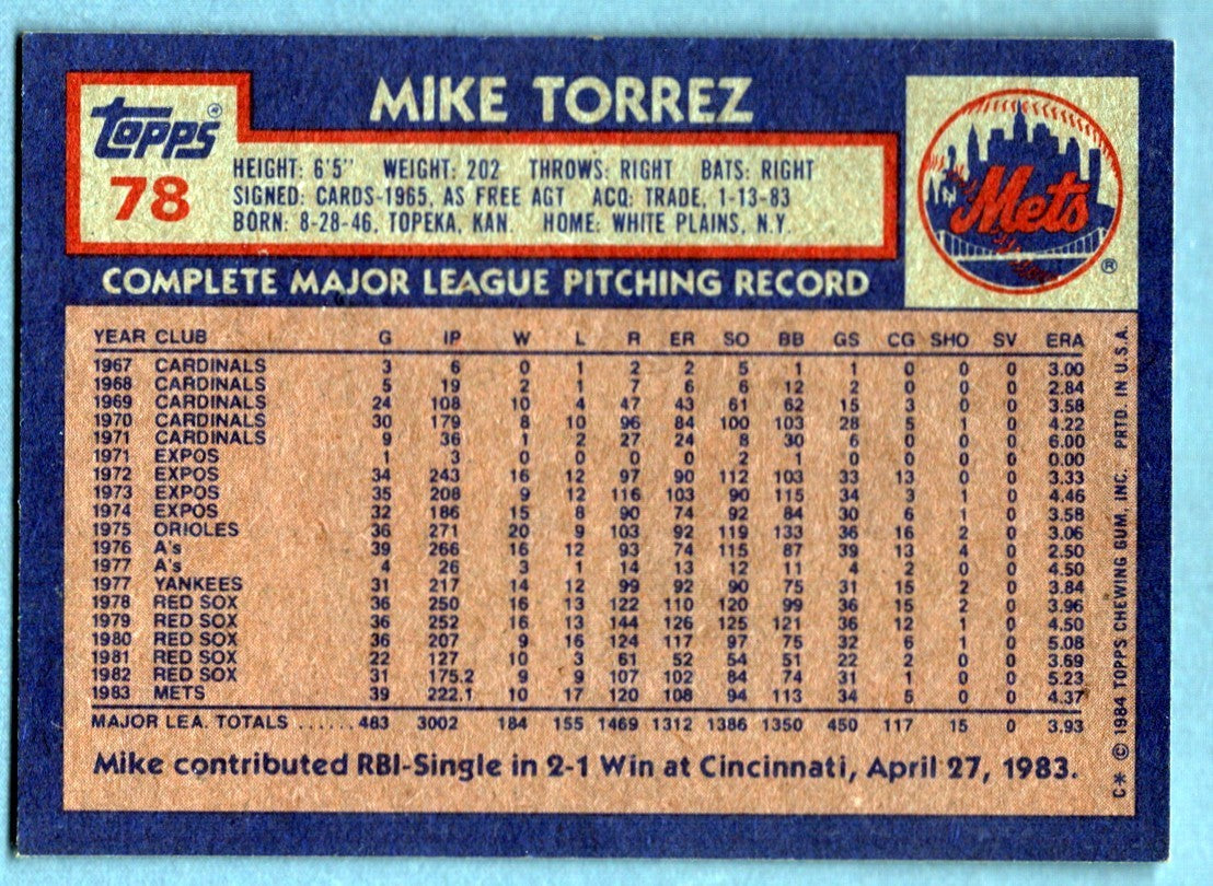 Mike Torrez Signed 1984 Topps #78 LSCM COA New York Mets