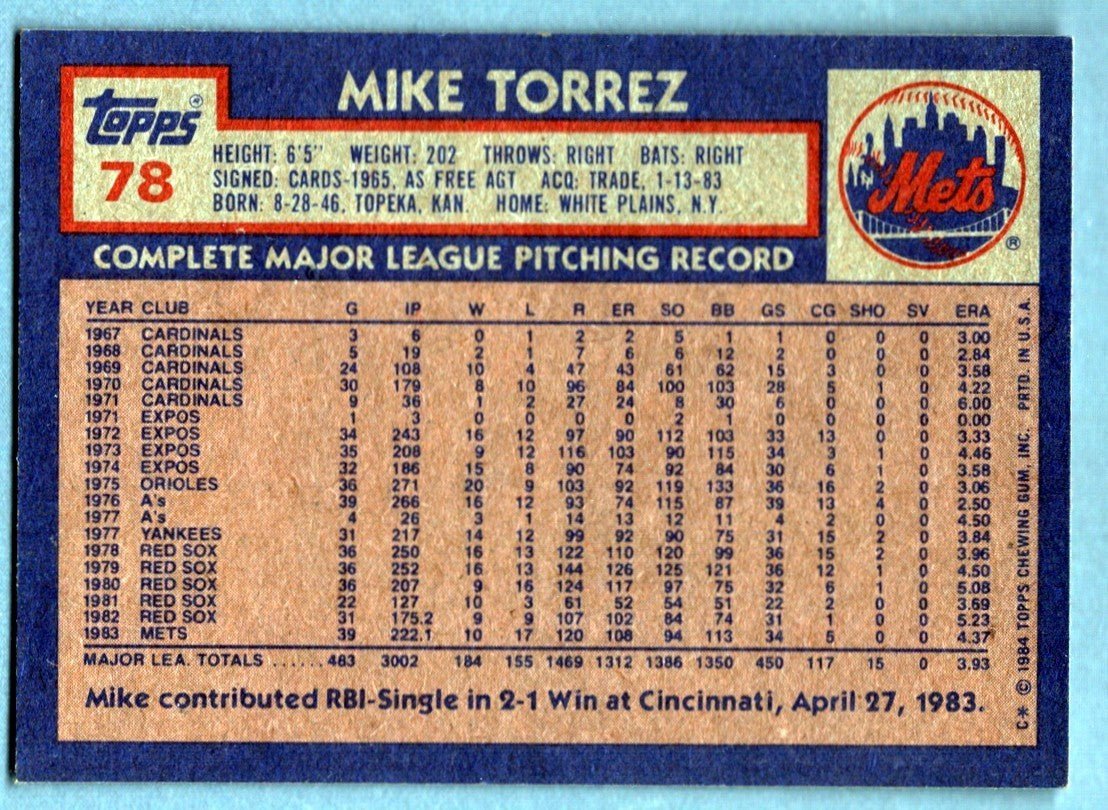 Mike Torrez Signed 1984 Topps #78 LSCM COA New York Mets