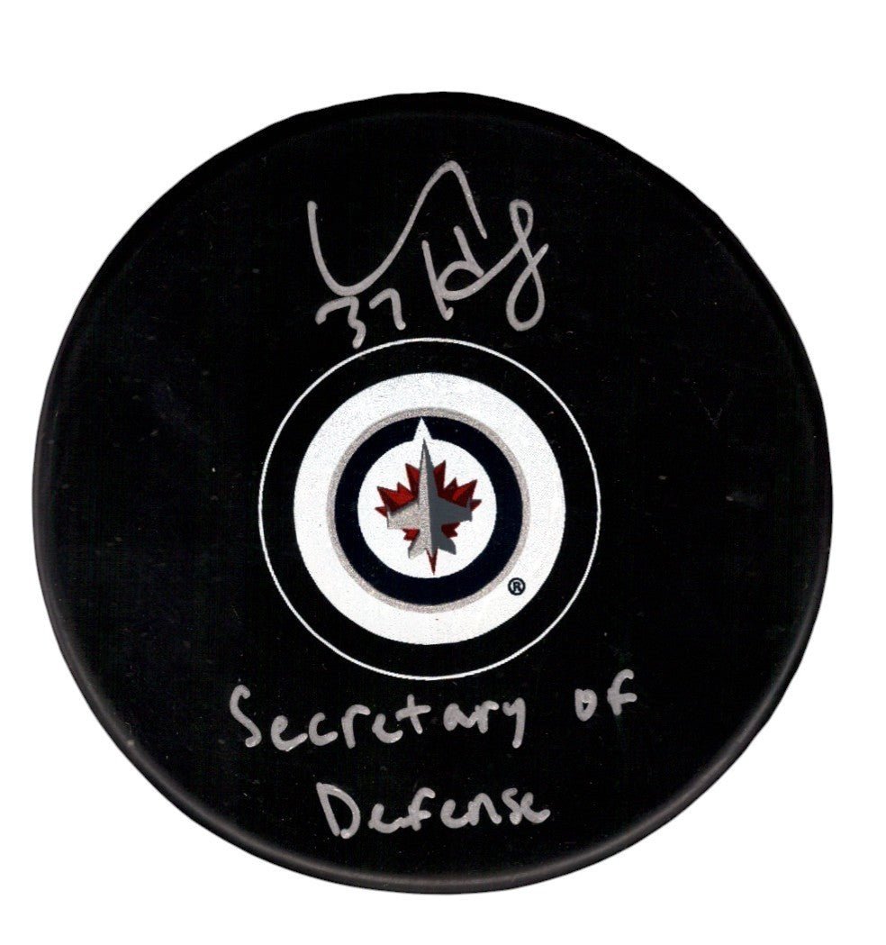 Connor Hellebuyck Signed Jets Logo Puck Secretary of Defense Insc. Fanatics COA