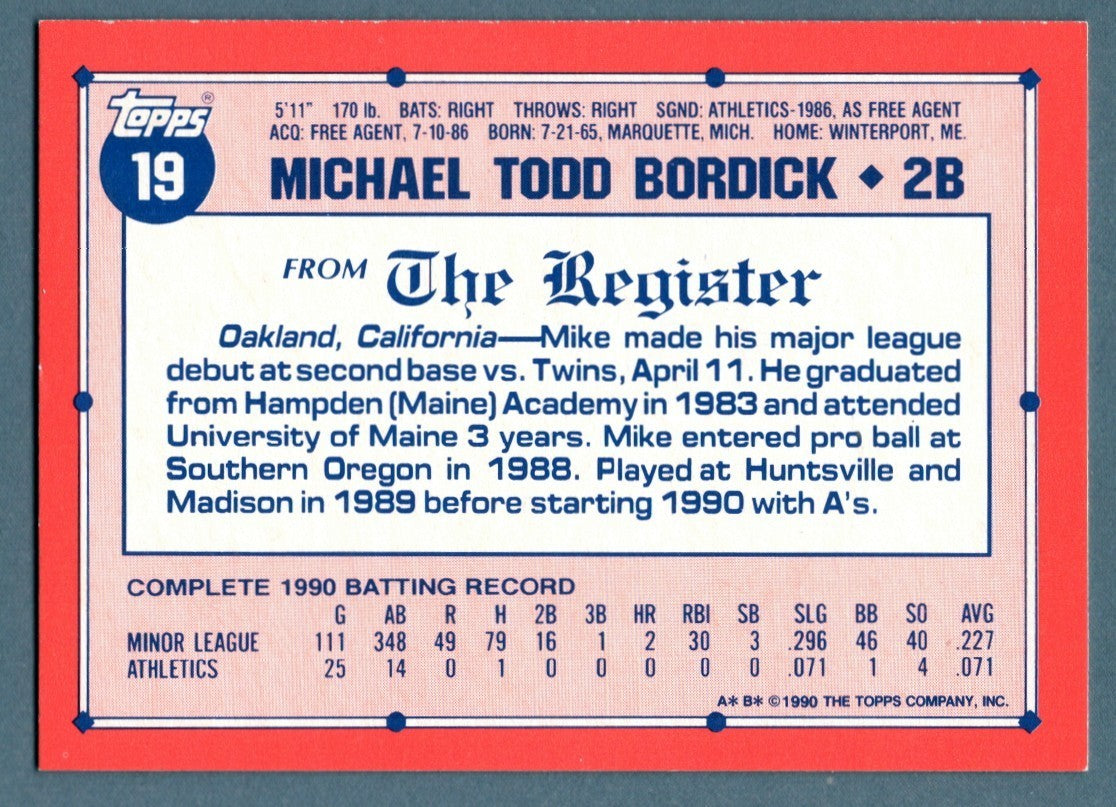 Mike Bordick Signed Autographed 1990 Topps #19 Debut Rookie RC LSCM COA