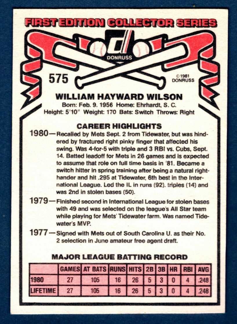 Mookie Wilson Signed 1981 Donruss #575 Rookie RC LSCM COA New York Mets