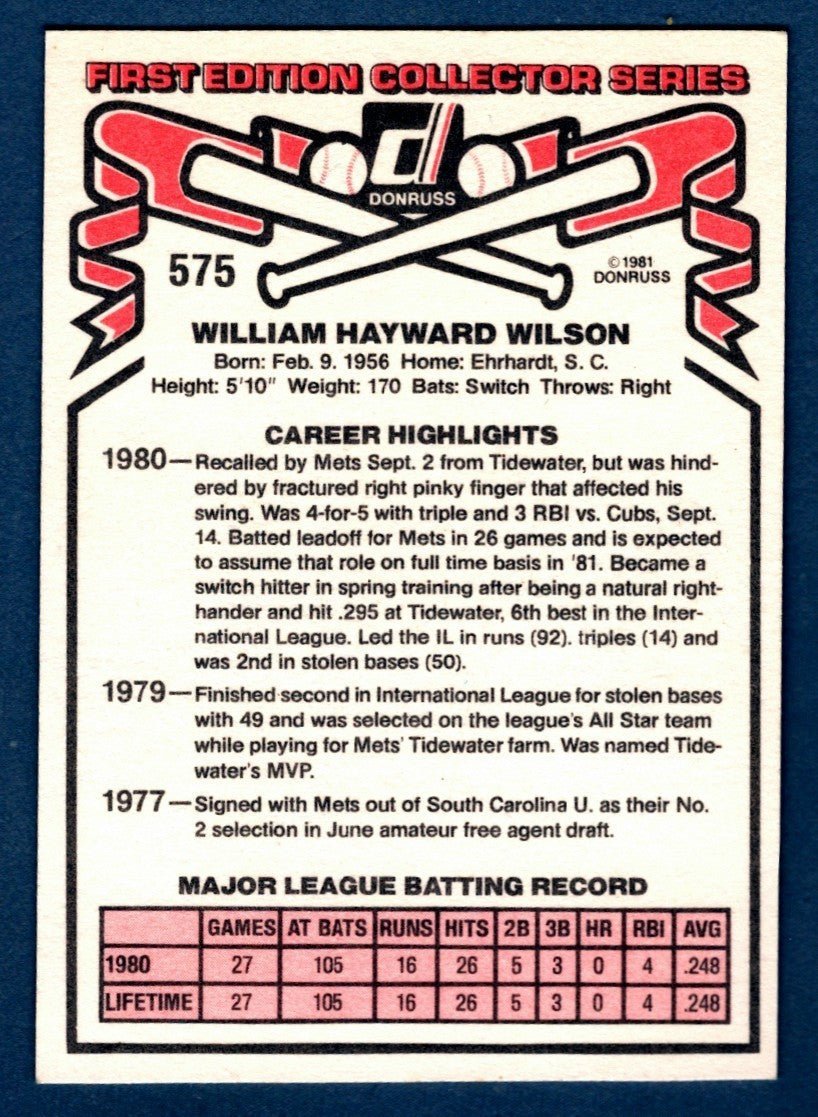 Mookie Wilson Signed 1981 Donruss #575 Rookie RC LSCM COA New York Mets