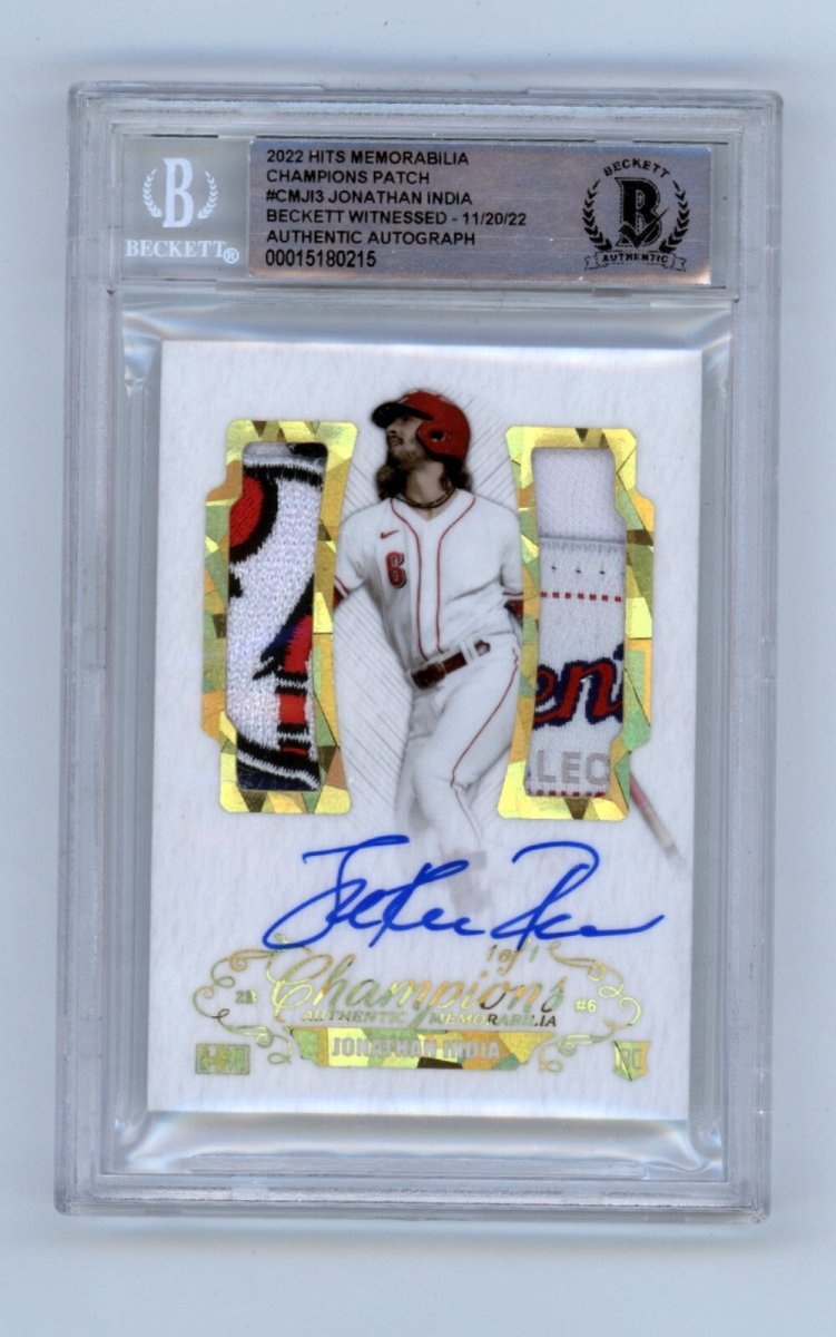 Jonathan India 2021 Hits Memorabilia Champions Gold Patch Dual Auto 1/1 RC BGS V