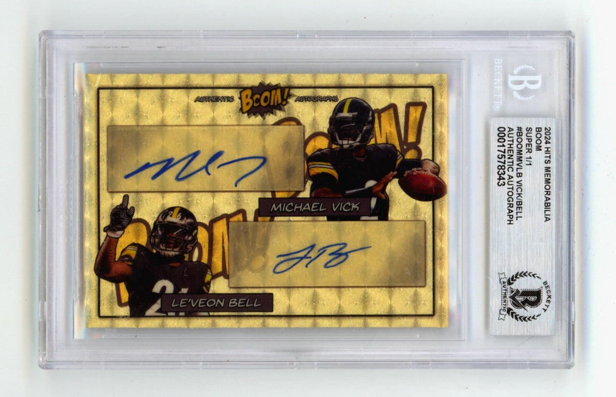 Michael Vick &amp; Le'Veon Bell 2024 Hits Memorabilia BOOM Super 1/1 Signed BGS Auto