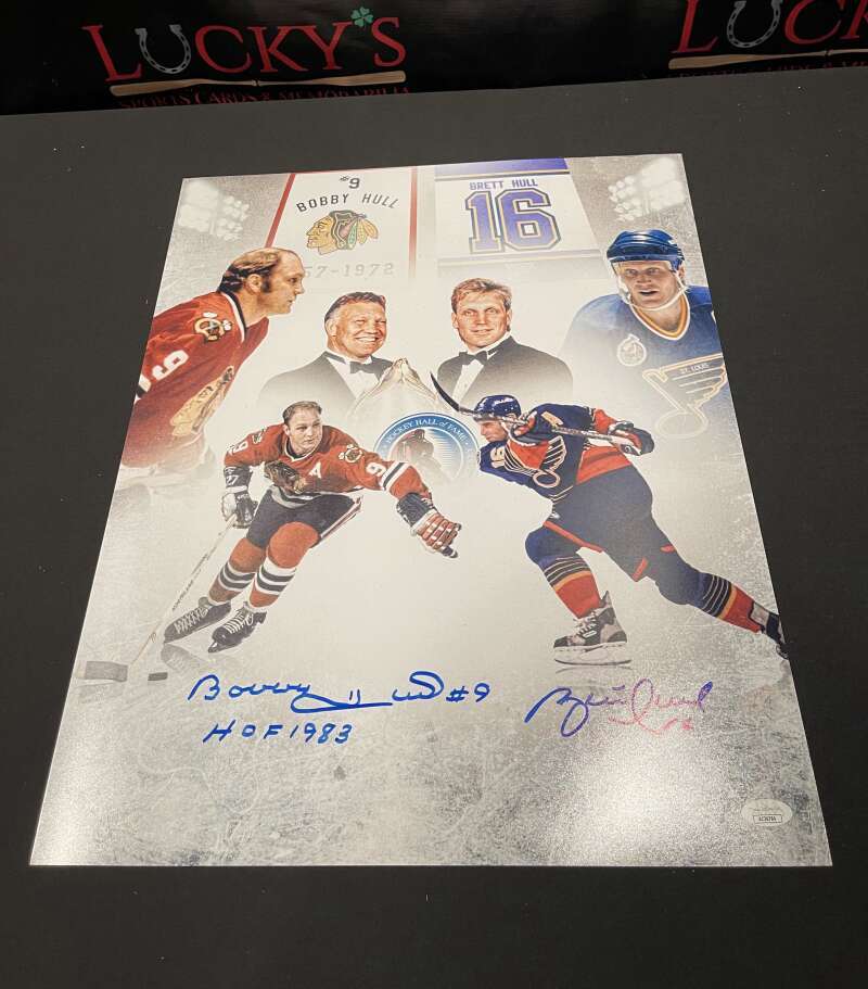 Bobby &amp; Brett Hull Dual Signed Autographed 16x20 Photo w/ HOF Insc JSA COA