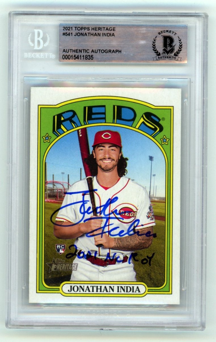 Jonathan India 2021 Topps Heritage 541 RC Signed w/ ROY Ins Beckett BGS BAS Auto