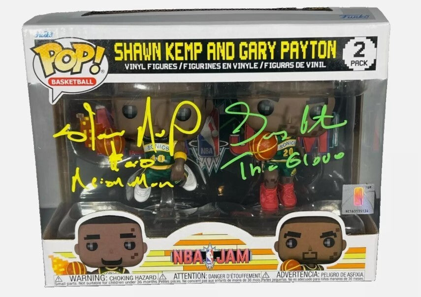 Gary Payton &amp; Shawn Kemp Signed Auto NBA JAM Funko Pop w/ Ins Beckett W BAS COA