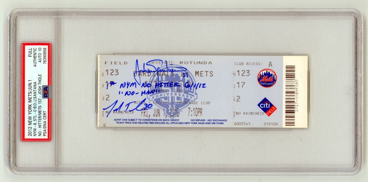 Johan Santana Josh Thole Signed Mets 1st No-Hitter Ticket w/ 2 Insc. PSA 10 Auto