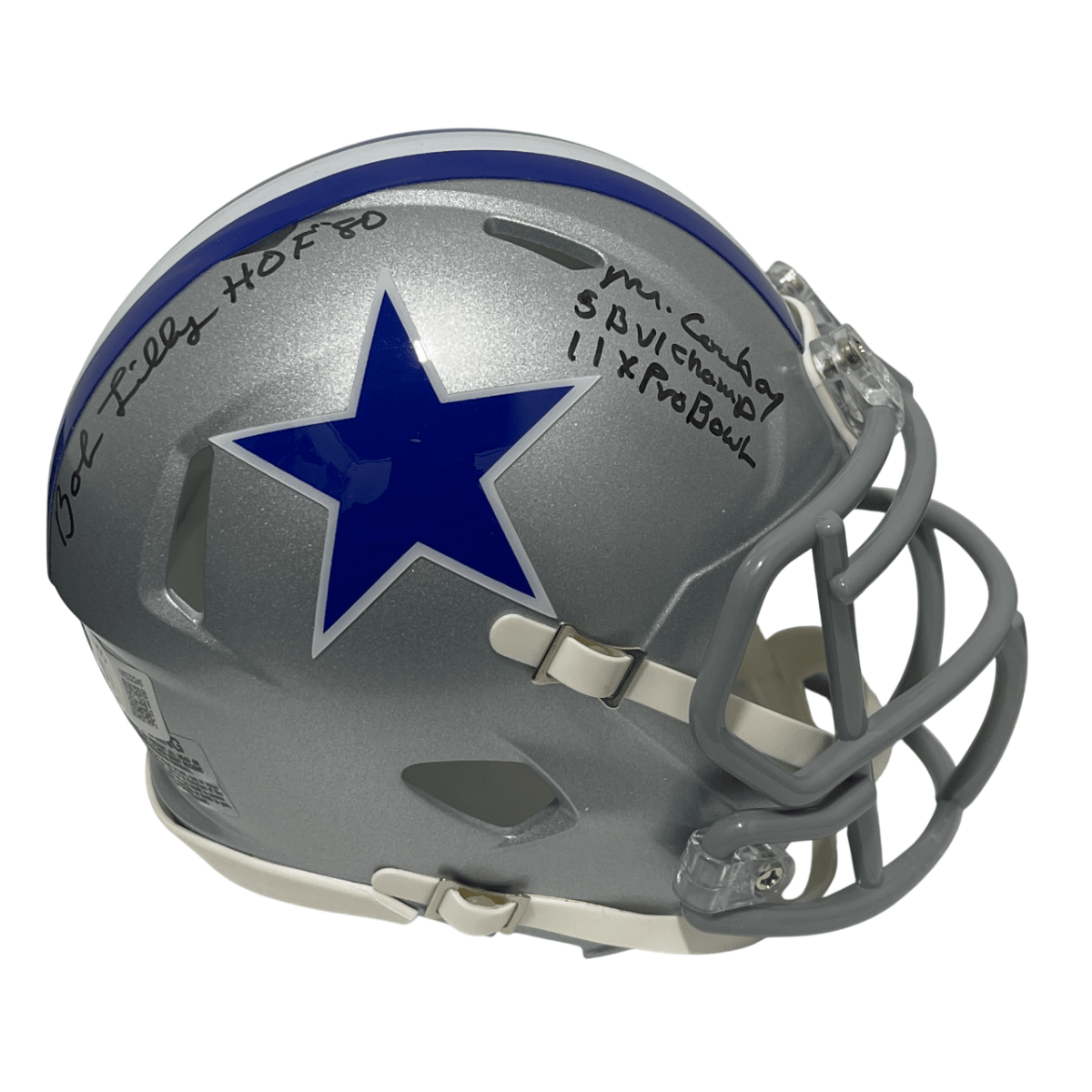 Bob Lilly Signed TB 64-66 Cowboys Mini Helmet w/ 4 Ins Beckett Witness BAS COA