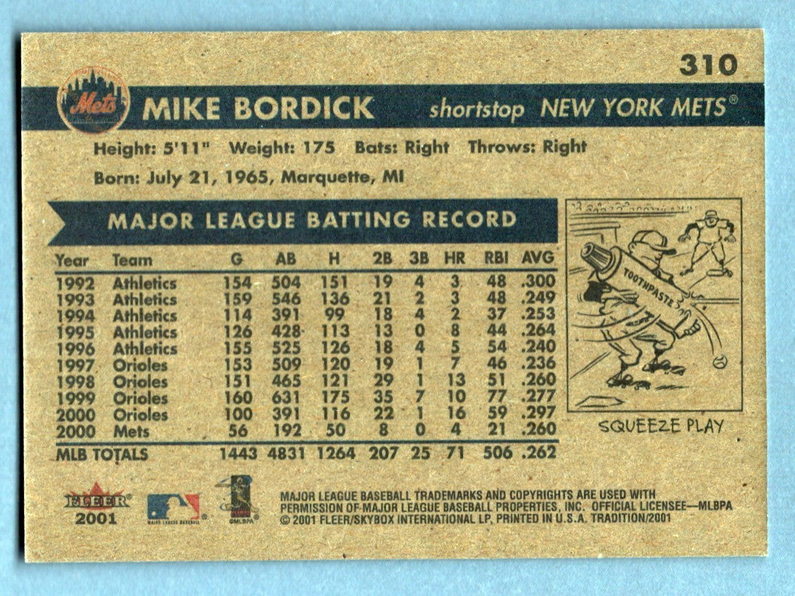 Mike Bordick Signed Autographed 2001 Fleer Tradition #310 LSCM COA New York Mets