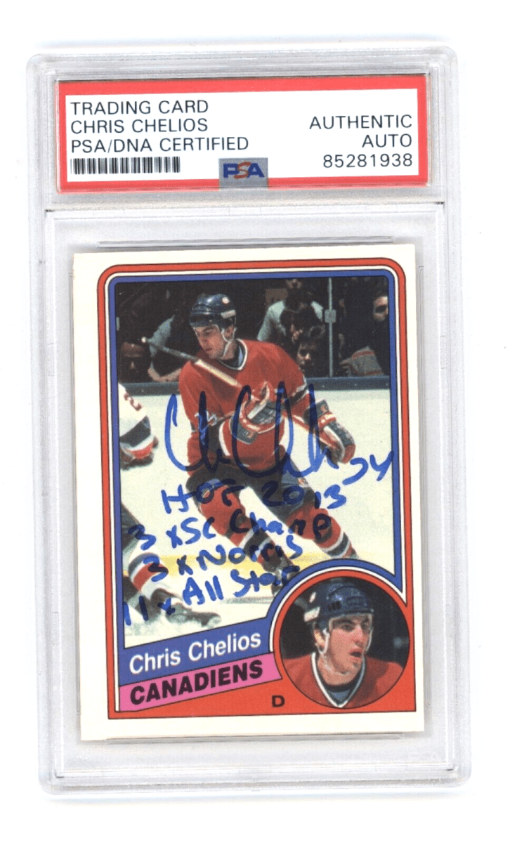 Chris Chelios 1984-85 O-Pee-Chee OPC Rookie Card RC w/ 4 Insc Signed PSA Auto