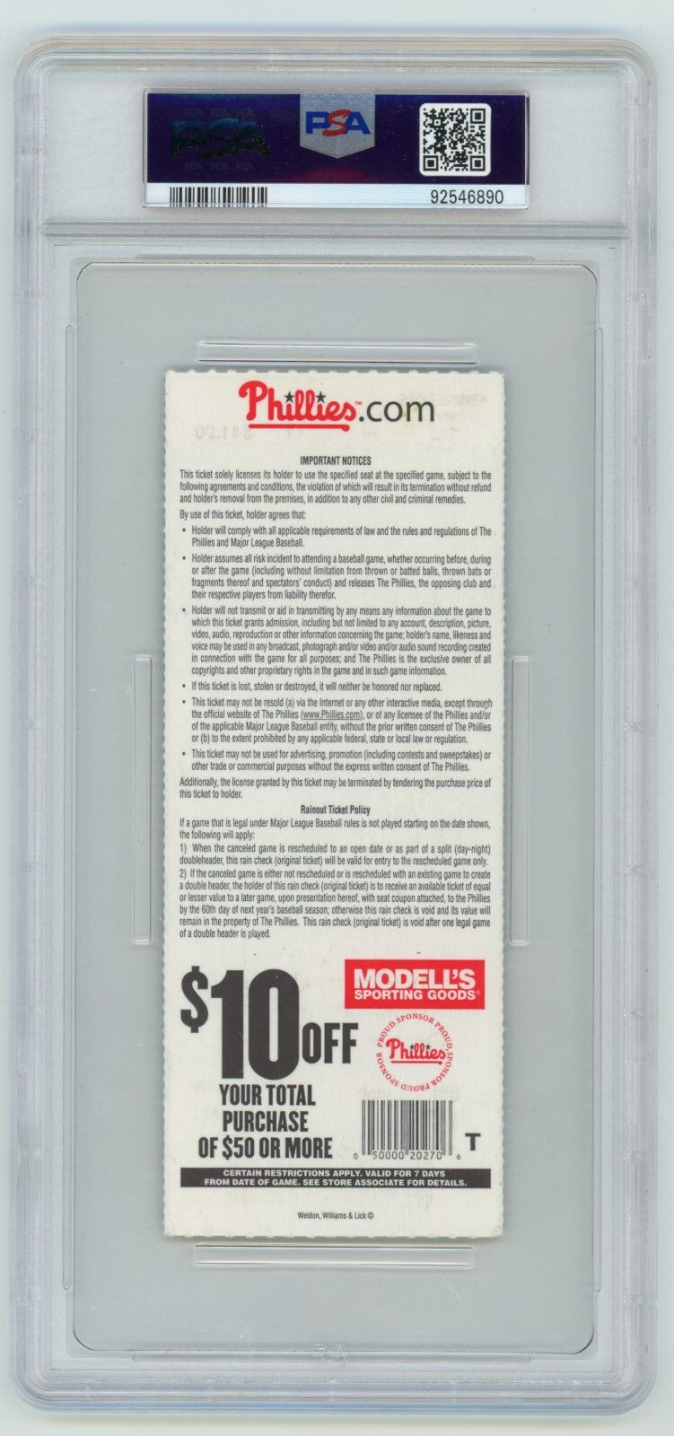 Craig Kimbrel Signed MLB Debut &amp; 1st Strikeout Season Ticket PSA 10 Auto Braves
