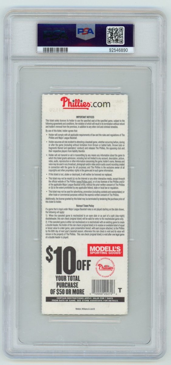 Craig Kimbrel Signed MLB Debut & 1st Strikeout Season Ticket PSA 10 Auto Braves