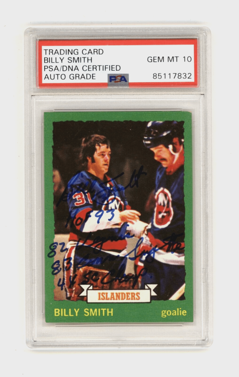 Billy Smith 1973-74 O-Pee-Chee #142 Signed Rookie RC 4 Ins PSA 10 Auto Islanders