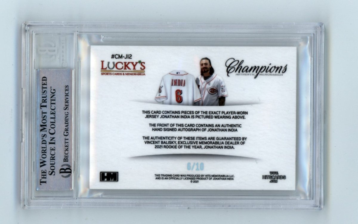 Jonathan India 2021 Hits Memorabilia Champions Patch Dual Auto RC #6/10 BGS BAS