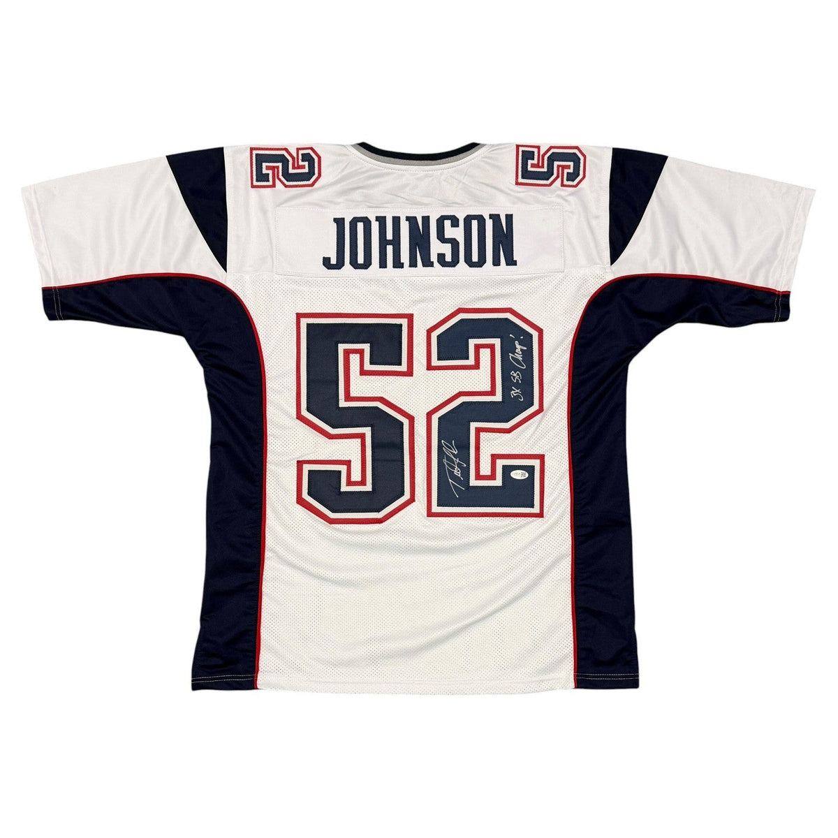 Ted Johnson Signed Patriots Custom Jersey w/ 3x SB Champ JSA Witness COA