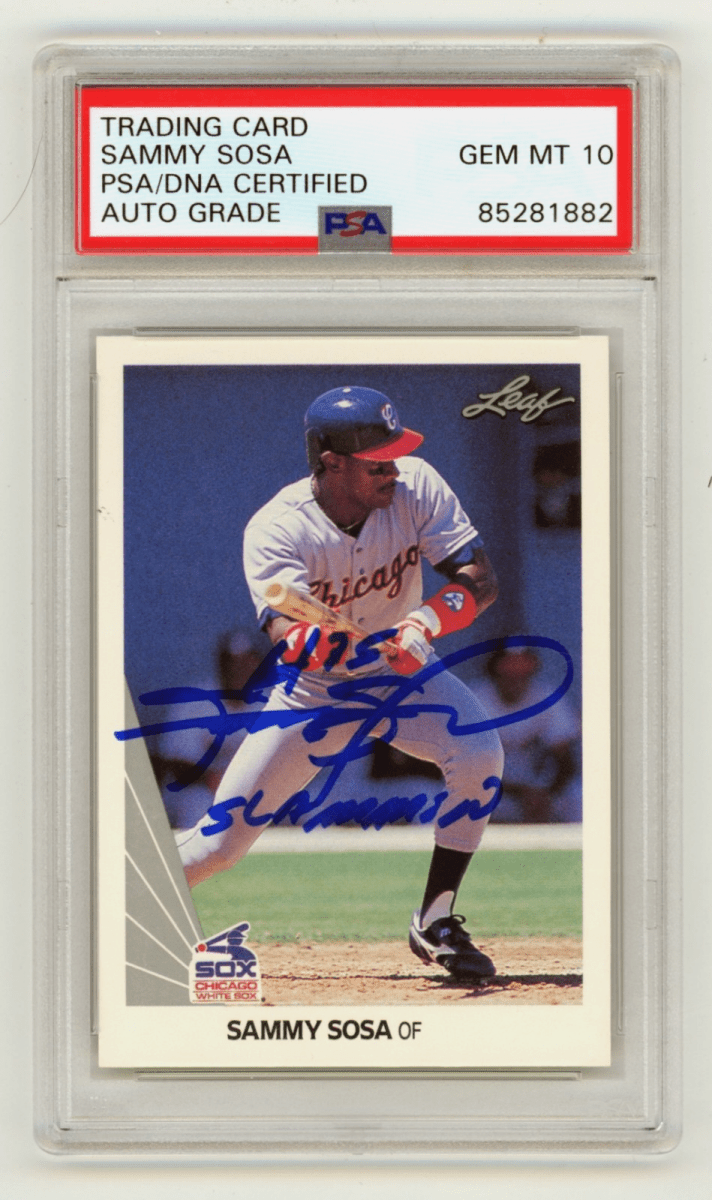Sammy Sosa 1990 Leaf #220 Signed Rookie RC w/ Slammin Inscription PSA 10 Auto