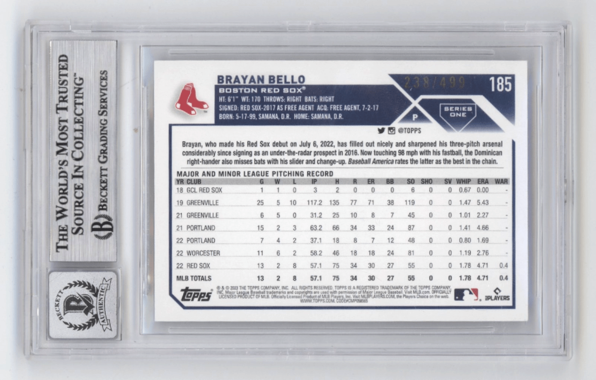 Brayan Bello 2023 Topps Green Foil Signed Rookie RC #238/499 Beckett BGS 10 Auto