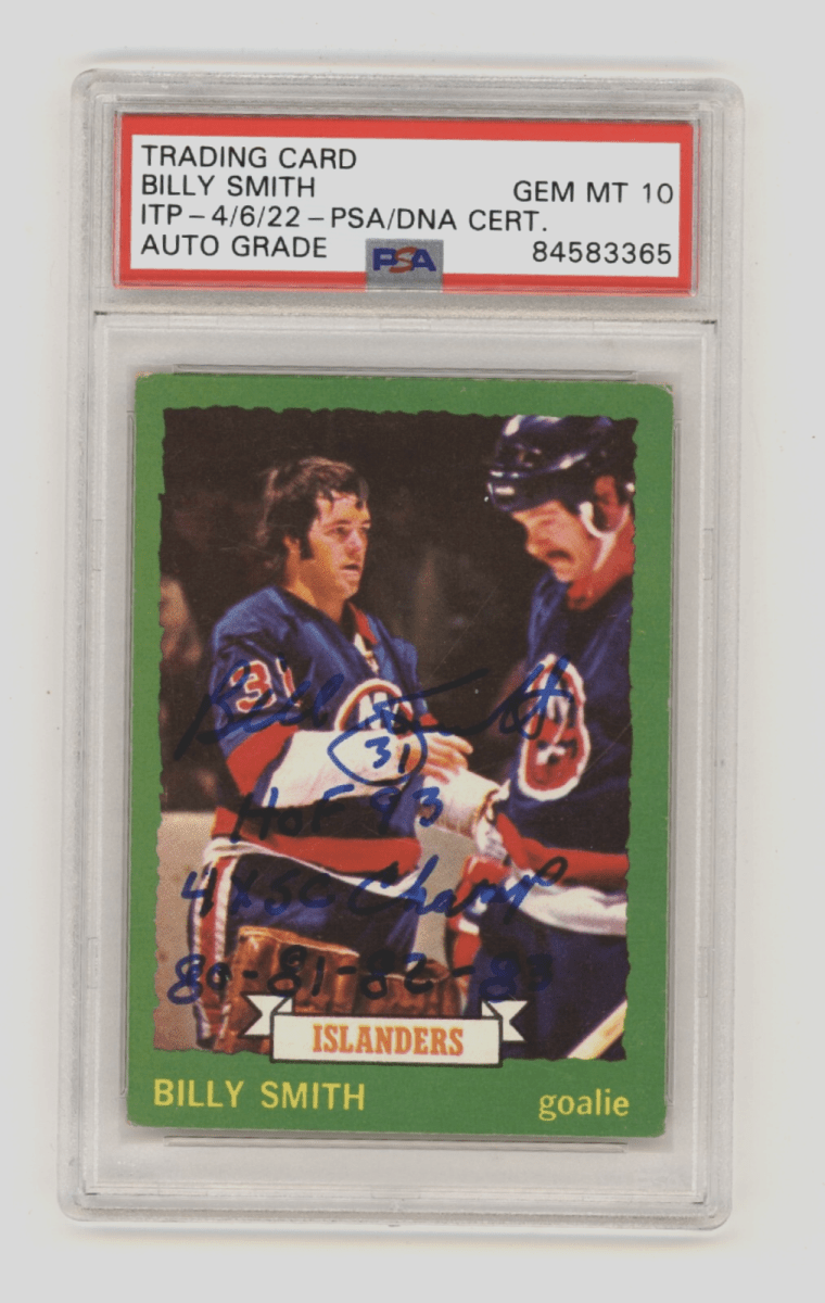 Billy Smith 1973-74 O-Pee-Chee OPC Rookie RC Signed HOF + SC Champs Insc. PSA 10