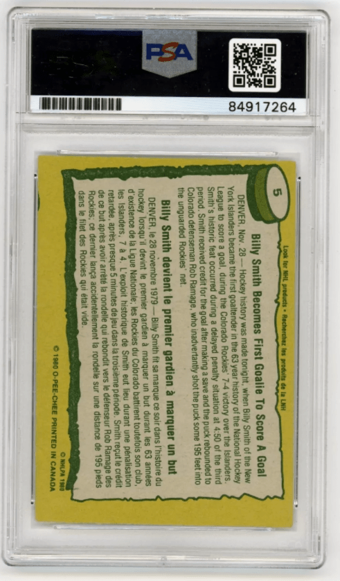 Billy Smith 1980-81 O-Pee-Chee OPC #5 Record Breaker Signed PSA Auth Auto Blue