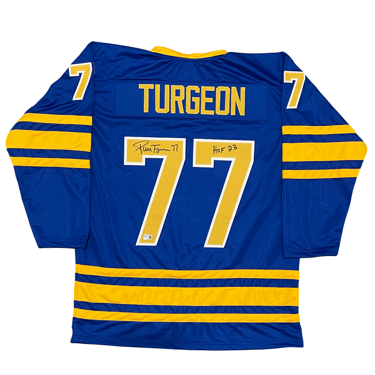Pierre Turgeon Signed Sabres Custom Jersey w/ HOF 23 Beckett Witness BAS COA