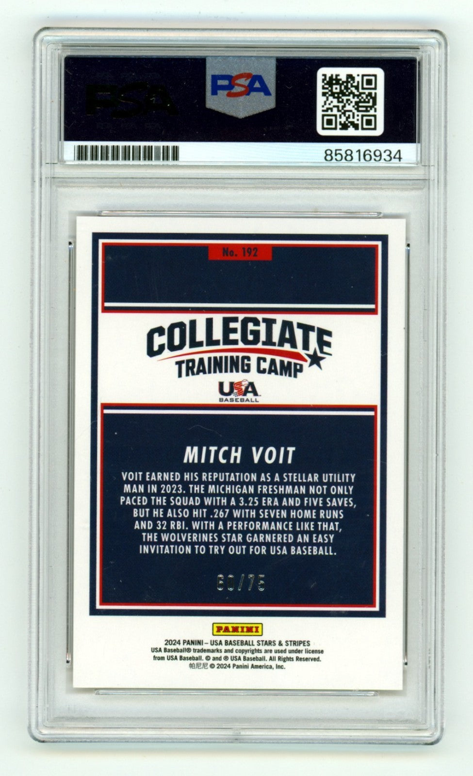 Mitch Voit 2024 Panini USA Stars &amp; Stripes #192 Orange Signed RC /75 PSA 10 Auto