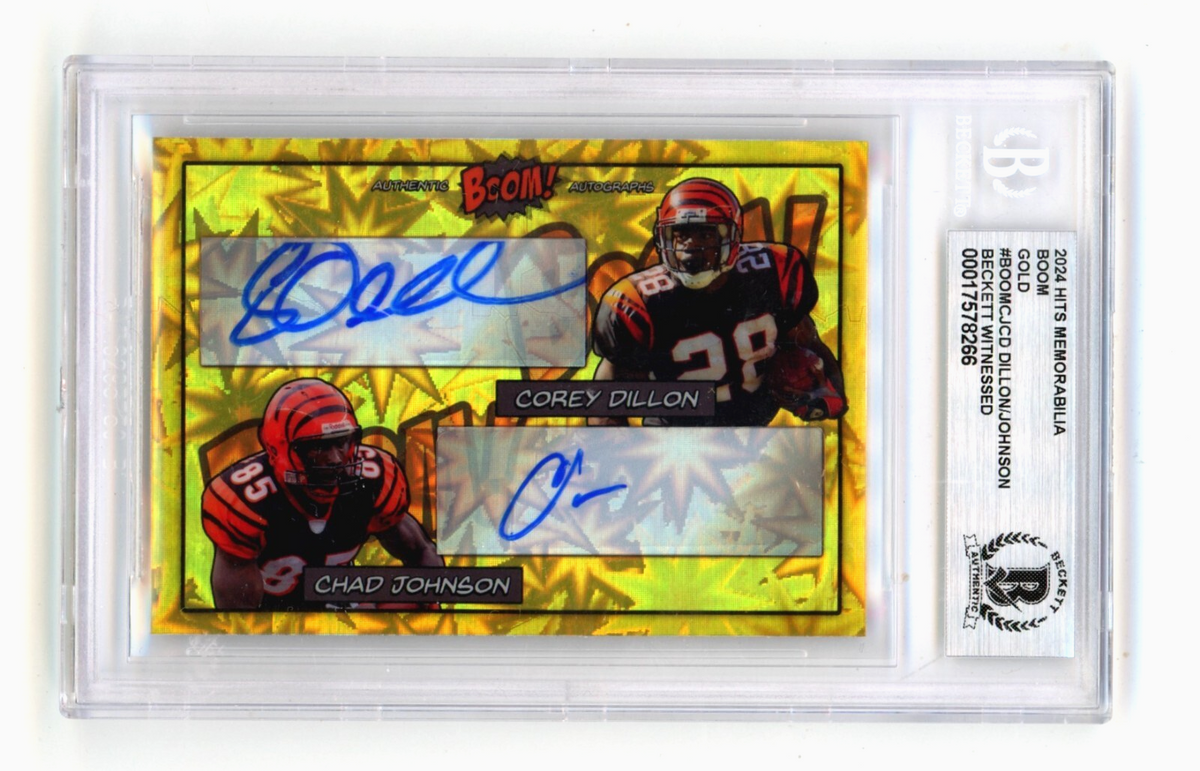 Corey Dillon &amp; Chad Johnson 2024 Hits Memorabilia BOOM Gold #/10 Signed BGS Auto
