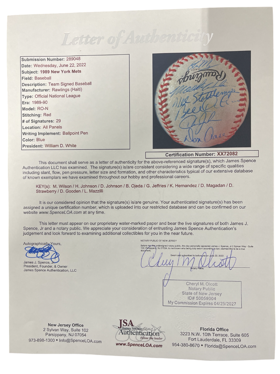 1989 New York Mets Team Signed Autograph ONL National League Baseball JSA LOA C