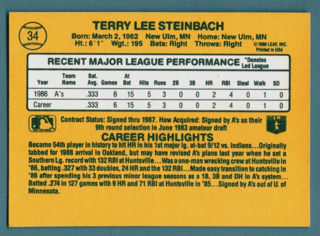 Terry Steinbach Signed 1987 Donruss #34 Rookie RC w/ 3 AS Insc Auto LSCM COA A's