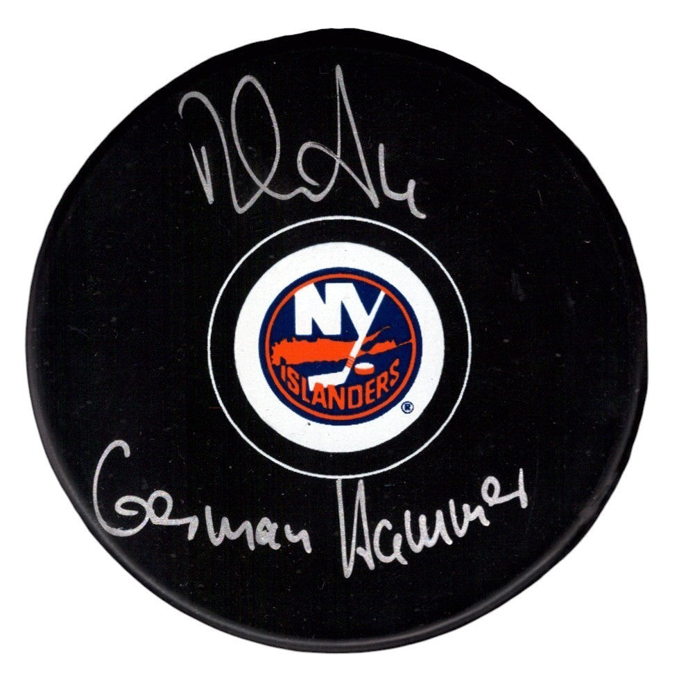 Dennis Seidenberg Signed Islanders Logo Puck w/ German Hammer JSA Witness COA