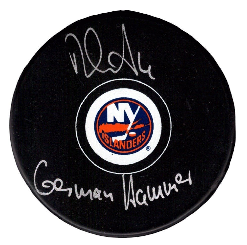 Dennis Seidenberg Signed Islanders Logo Puck w/ German Hammer JSA Witness COA