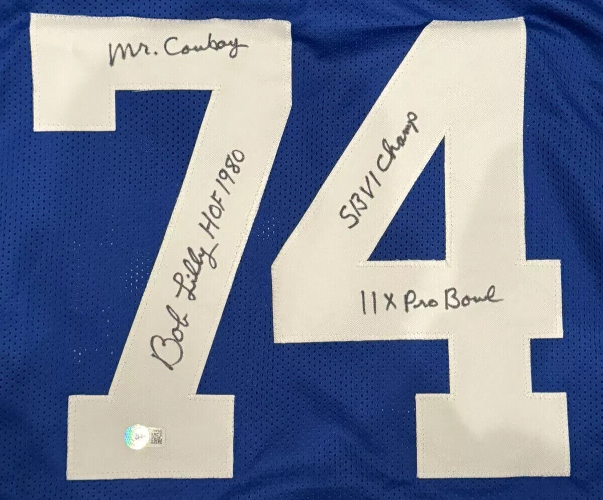 Bob Lilly Signed Dallas Cowboys Blue Custom Jersey w/ 4 Ins Beckett Wit BAS COA