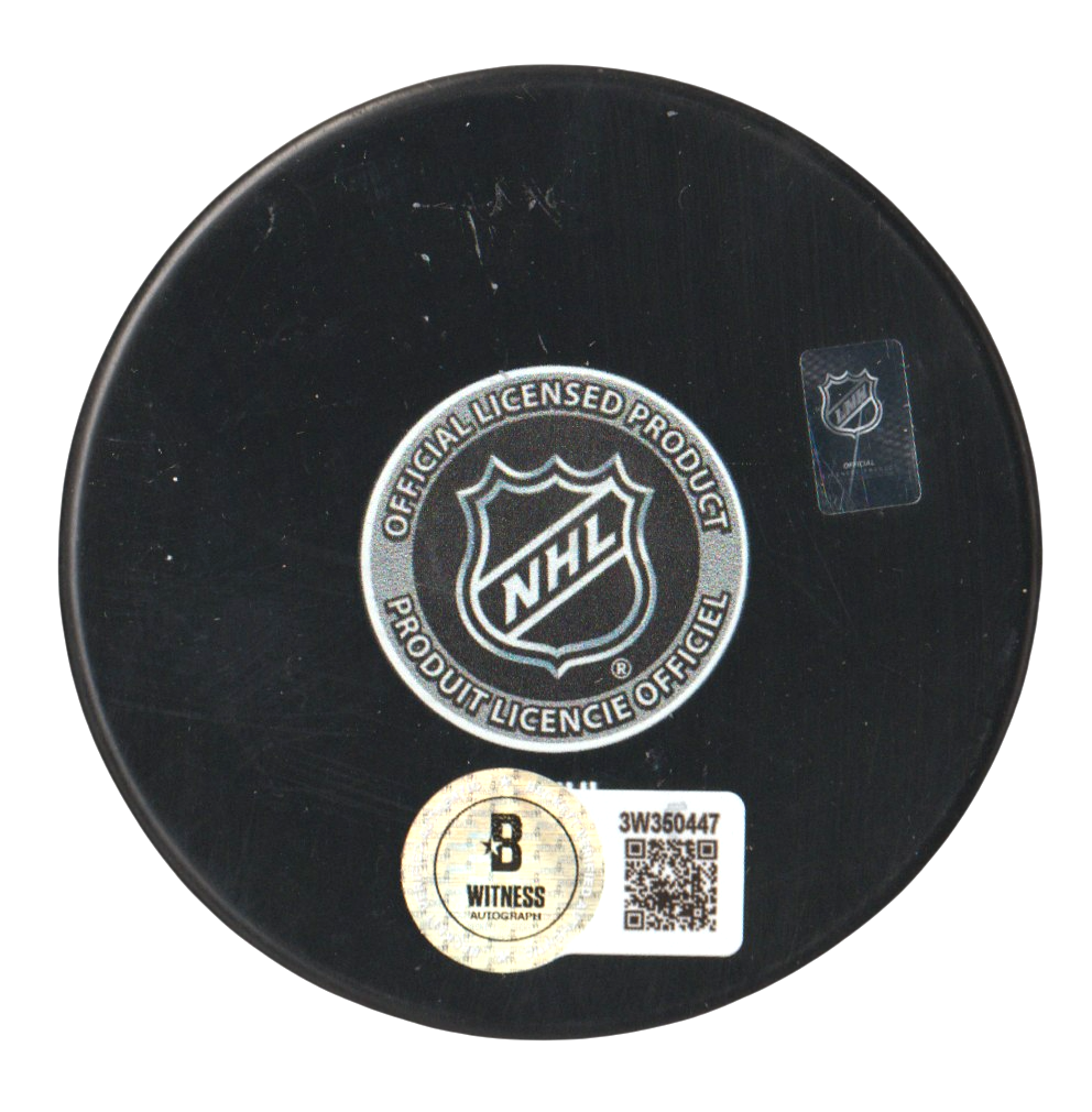 Bryan Trottier Signed Islanders 50th Ann Puck w/ HOF 97 Beckett Witness BAS COA