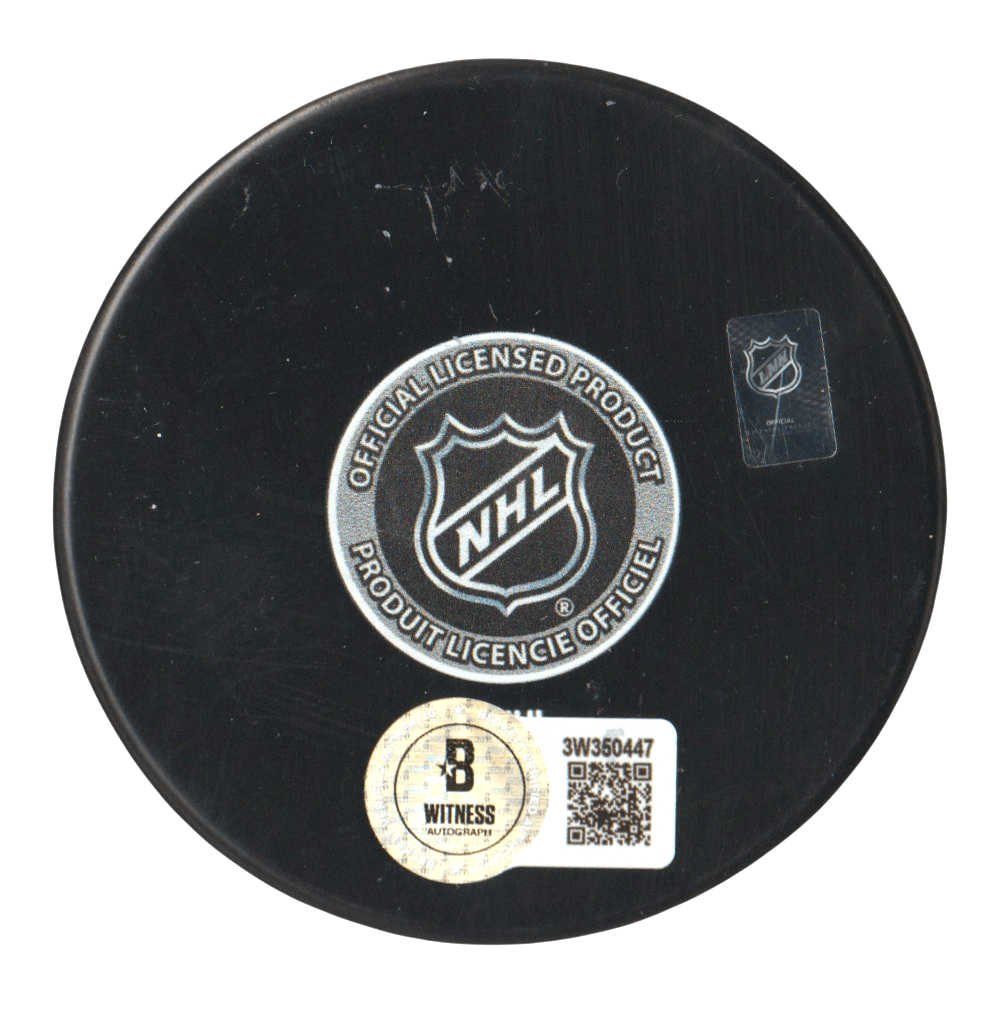 Bryan Trottier Signed Islanders 50th Ann Puck w/ HOF 97 Beckett Witness BAS COA