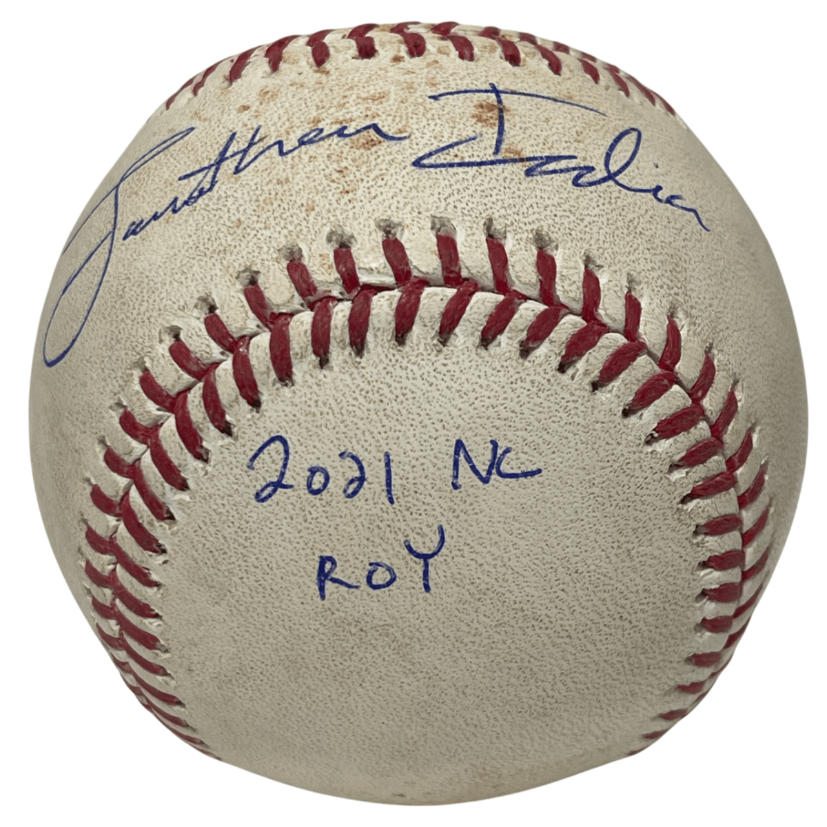 Jonathan India Signed 2021 Rookie Game Used Double Hit Baseball w/ Insc. PSA COA