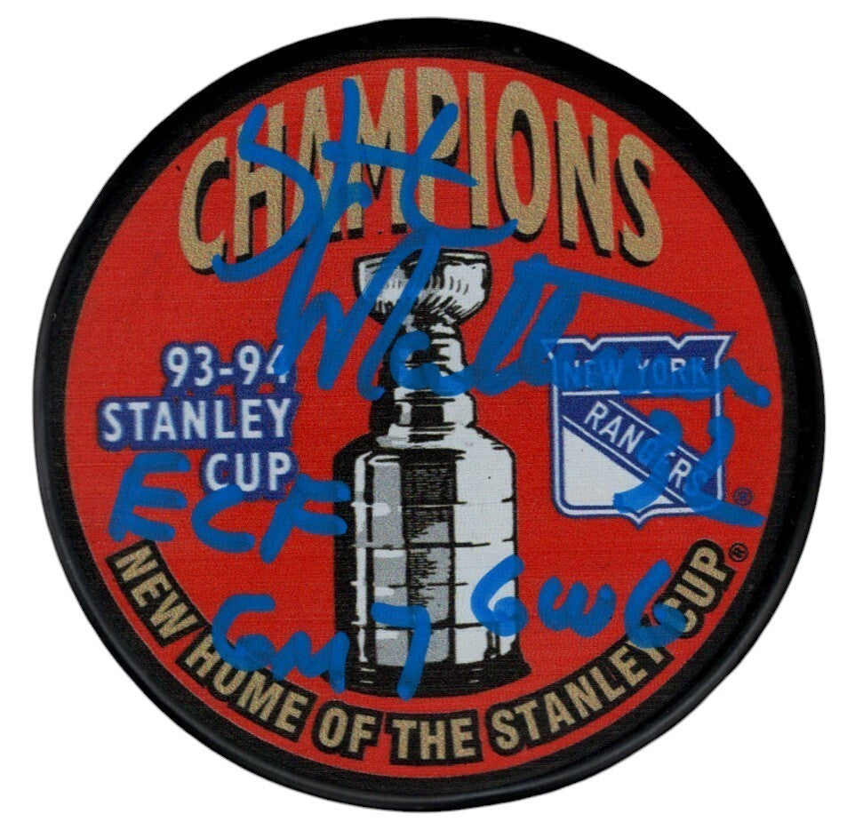 Stephane Matteau Signed Rangers 1994 Cup Puck w/ ECF GM 7 GWG Beckett W BAS COA
