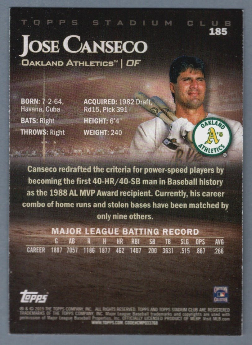 Jose Canseco Signed 2019 Topps Stadium Club #185 LSCM COA Oakland Athletics