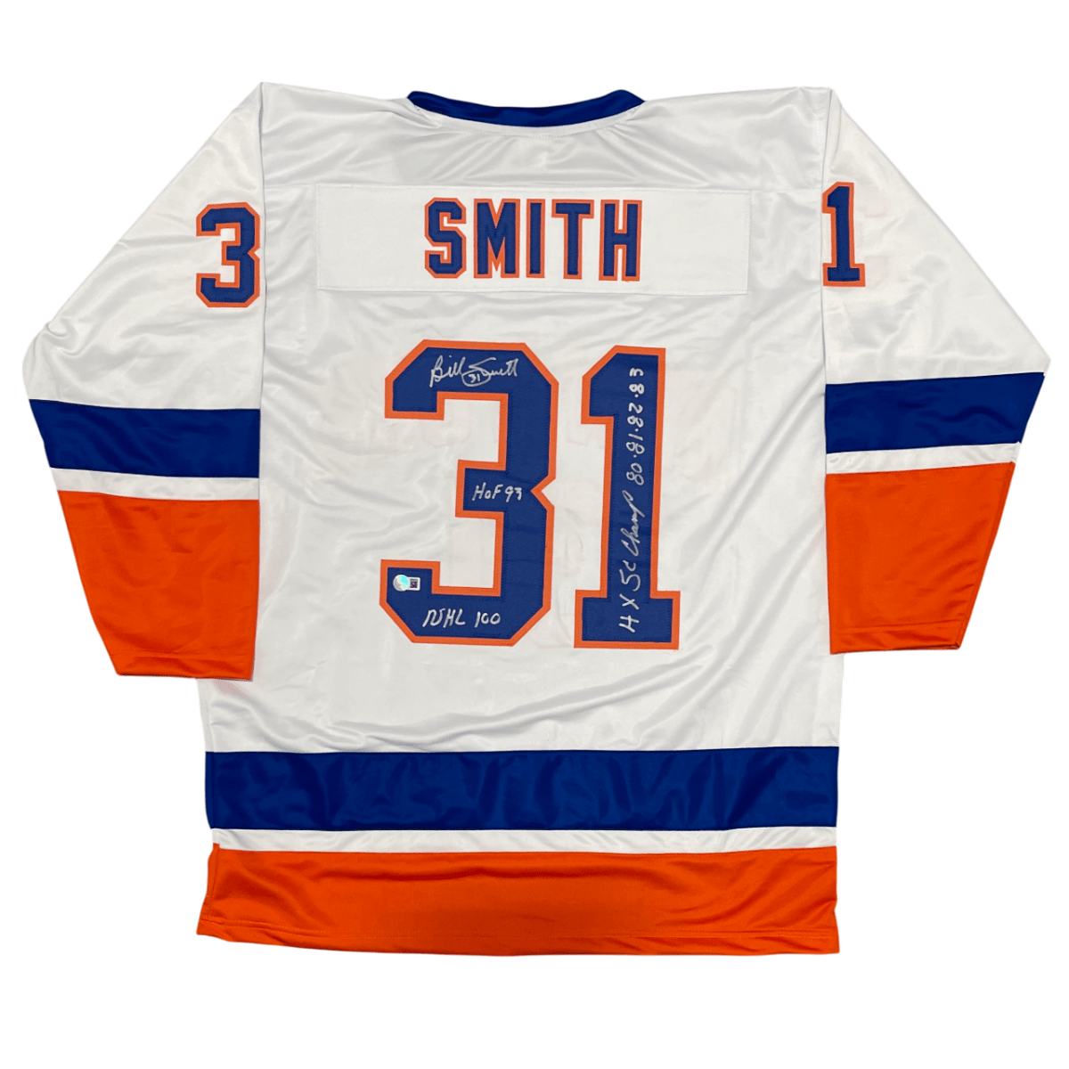 Billy Smith Signed New York Islanders Custom Jersey w/ 3 Ins Beckett Wit BAS COA